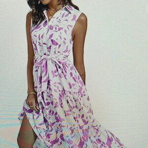 Lyaner Women's Floral Button Up Collar, Tiered Ruffle Sleeveless Dress L